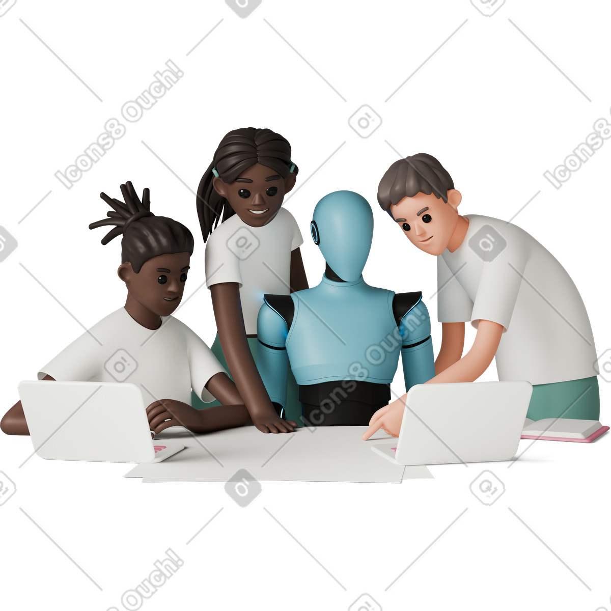3D Casual life 스타일의 Colleagues with ai robot discussing team project, Collaborative workspace and innovation 일러스트레이션 PNG, SVG 다운로드