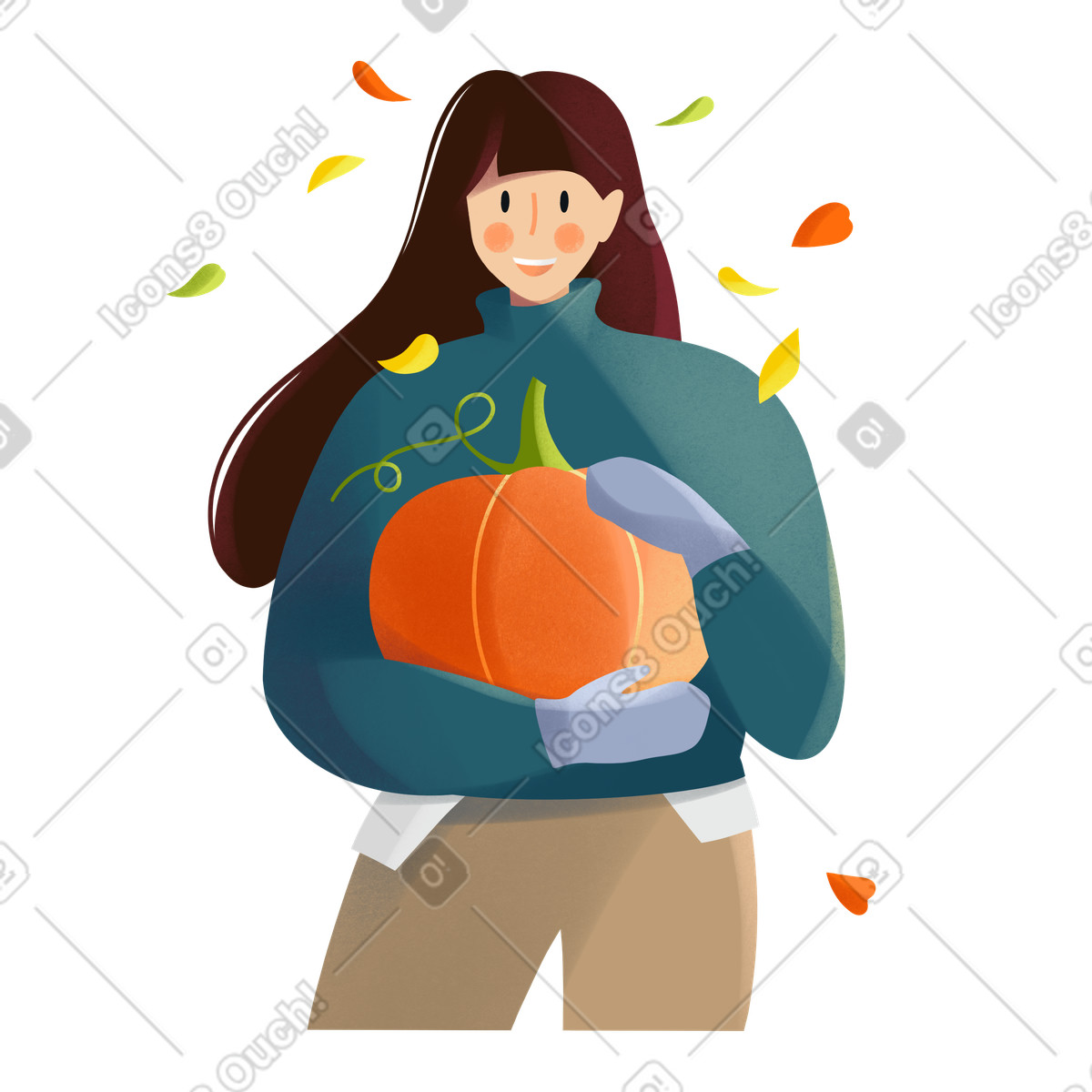 Ilustración Chica con una calabaza hojas de otoño cayendo en estilo Shine a descargar en PNG y SVG