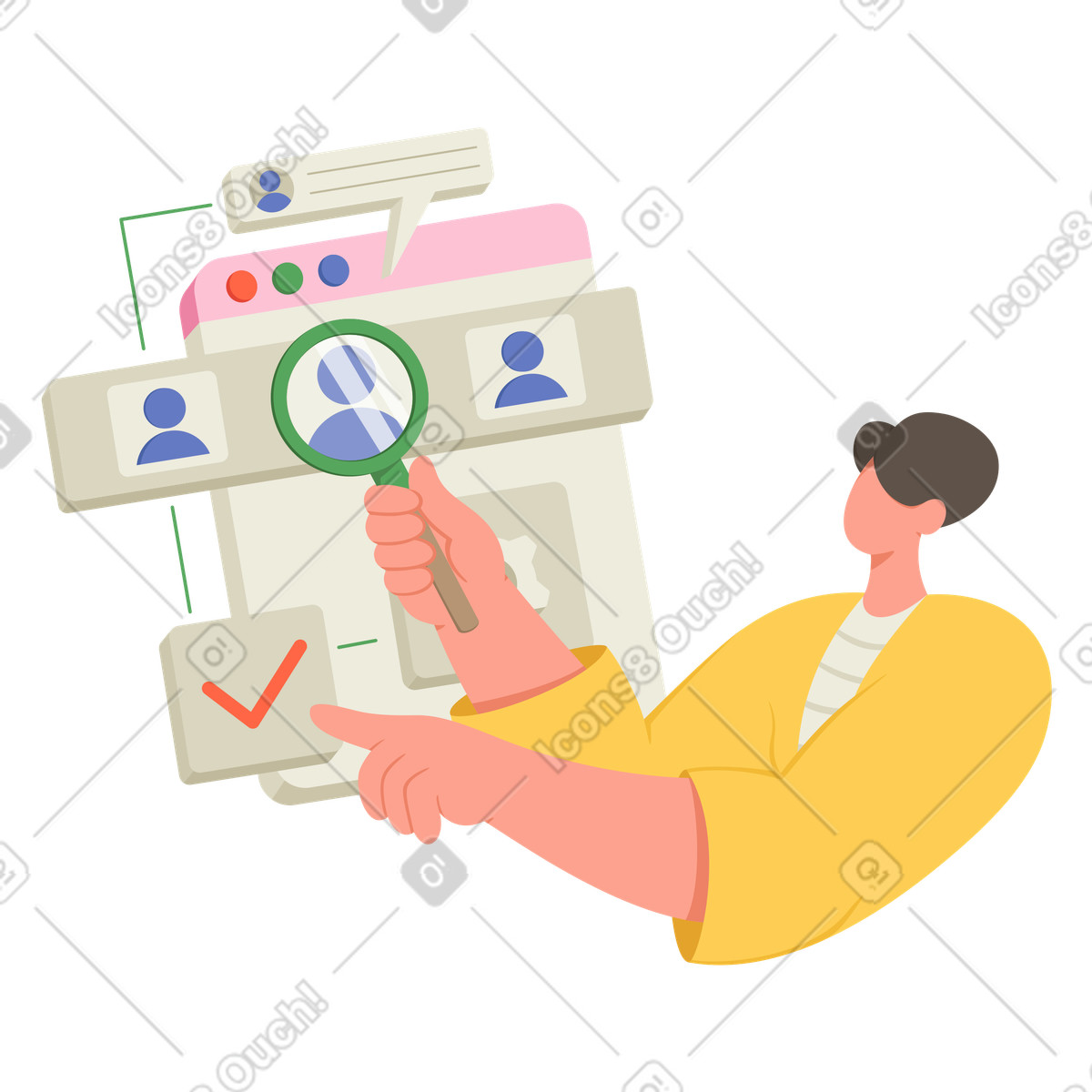 Social スタイルの 人事部が適切な候補者を見つける採用プロセス のアニメーションイラストをGIF、Lottie (JSON)、AEでダウンロード