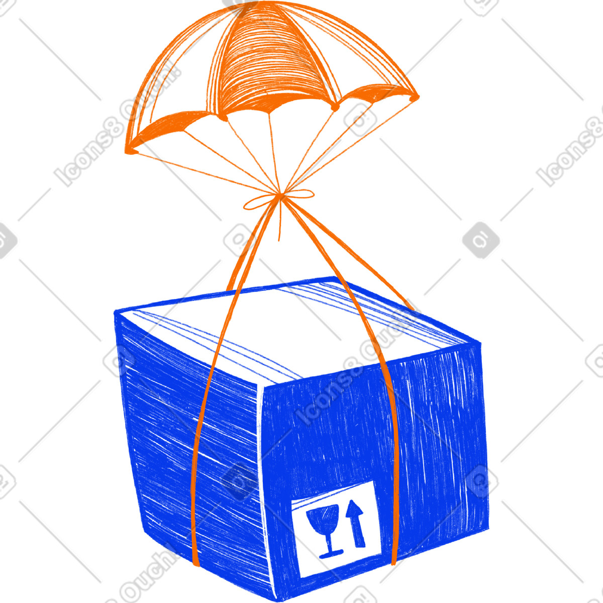 Ilustração de Blue cardboard box with orange parachute em no estilo Biro para baixar em PNG, SVG