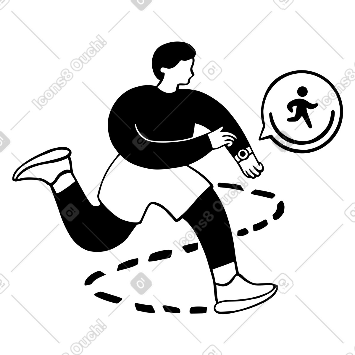 Illustration Homme qui court regardant et pointant sa montre intelligente dans le style Journal à télécharger aux formats PNG, SVG
