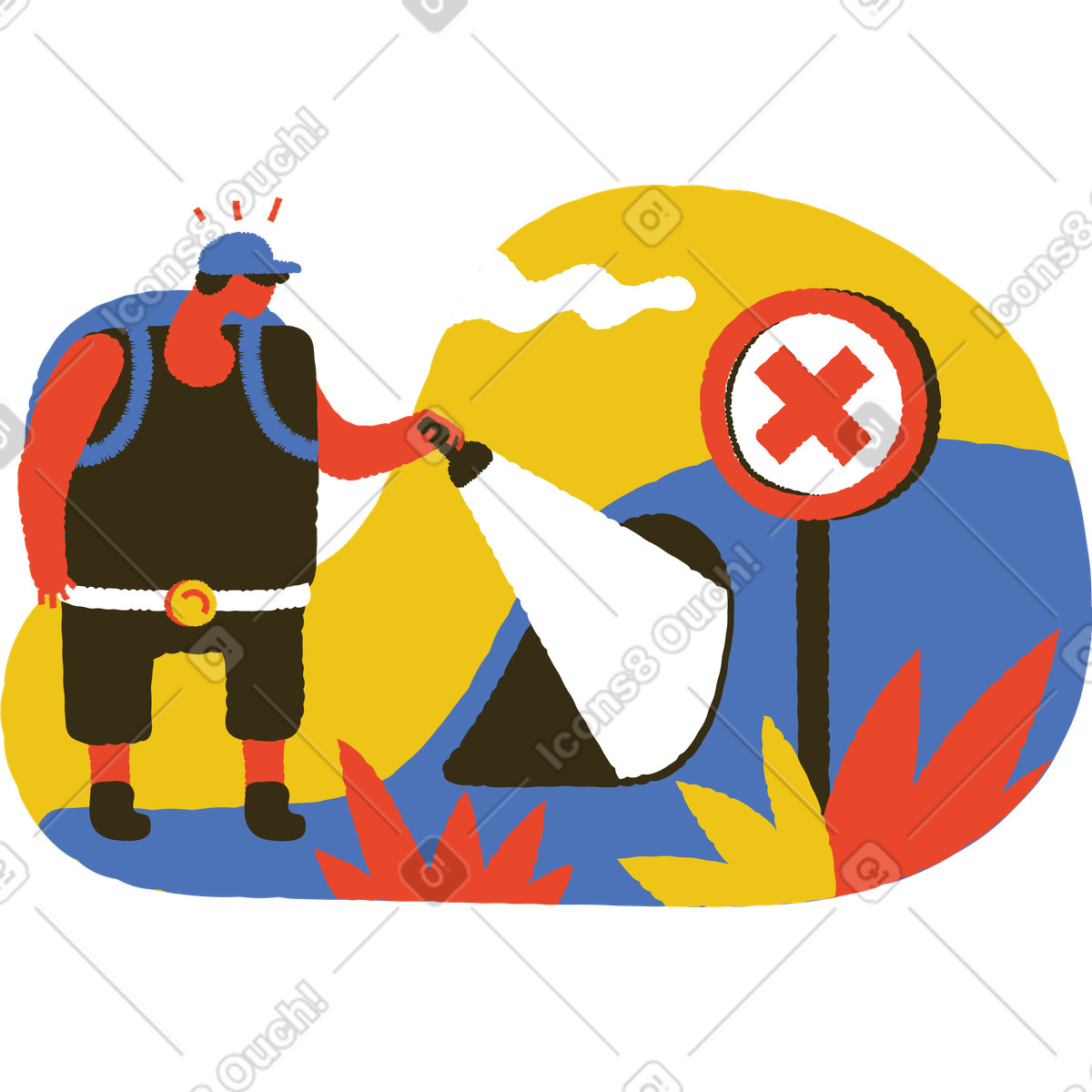 Tourist with flashlight at cave entrance, Restricted area or access denied concept illustrazione in stile Bermuda scarica in PNG, SVG