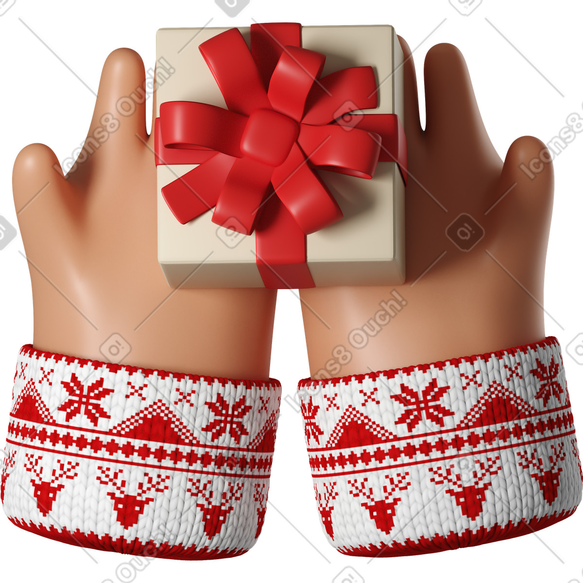 3D Hands Fun&Wild スタイルの ギフトボックスを保持している白いクリスマスセーターの日焼けした肌の手 のイラストをPNG、SVG形式でダウンロード