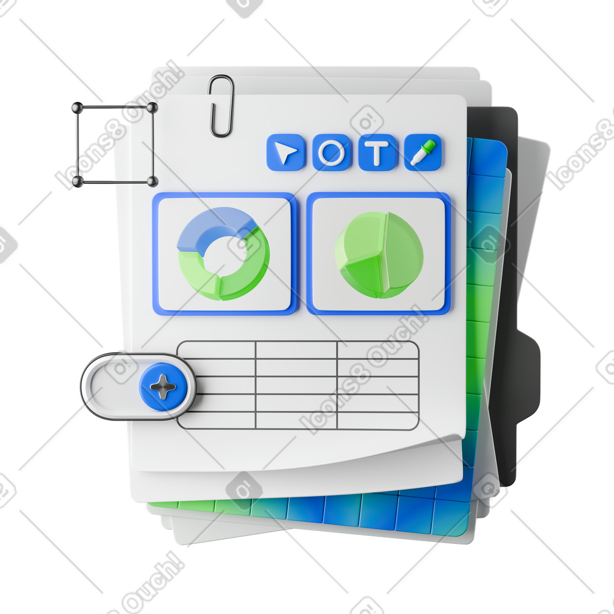 下载 3D Stickle 风格的 Spreadsheet document with pie charts and data table for analytics 动画插图，支持 GIF、Lottie （JSON）、AE 格式
