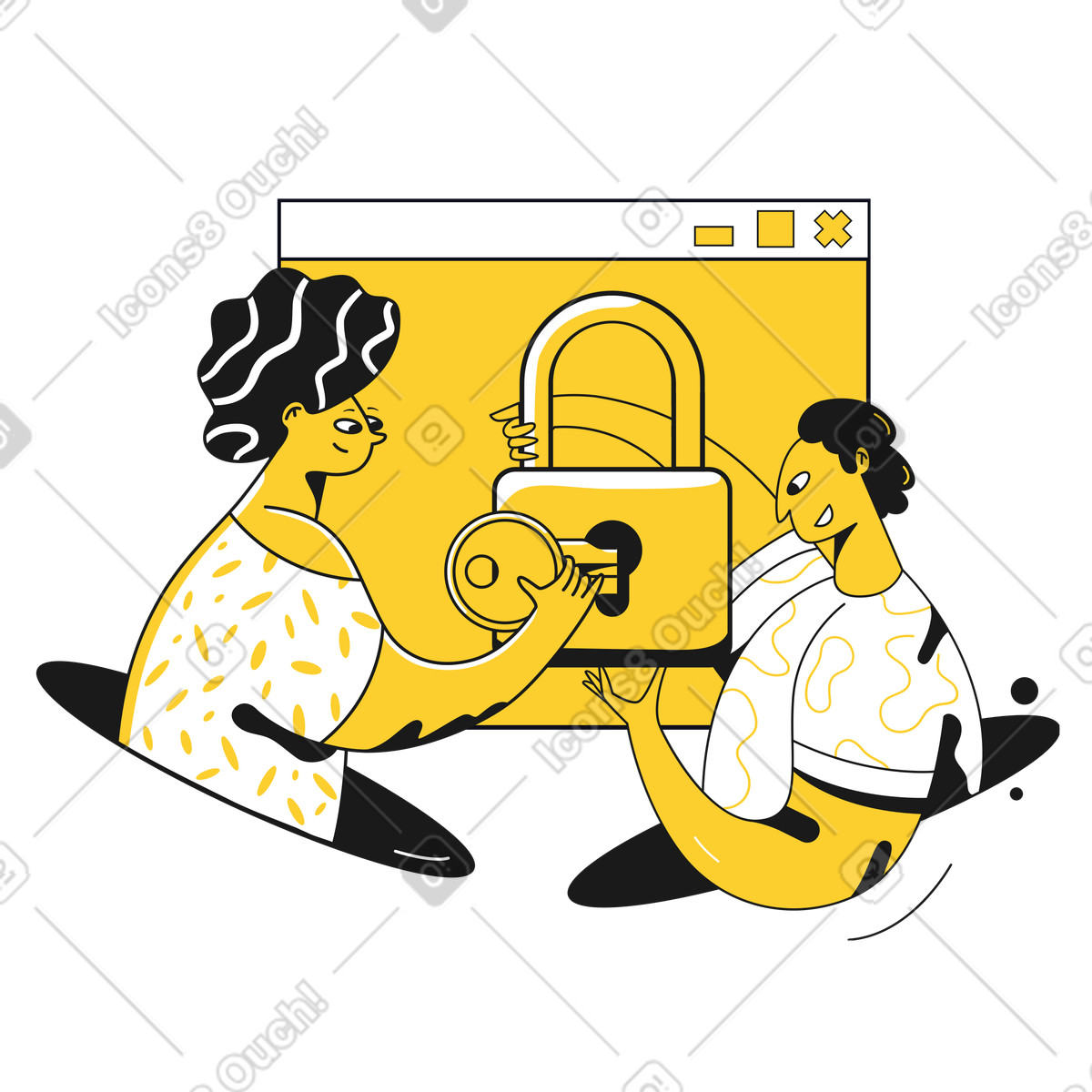 Colleagues unlocking padlock on browser window, Internet safety and cybersecurity illustration in PNG, SVG
