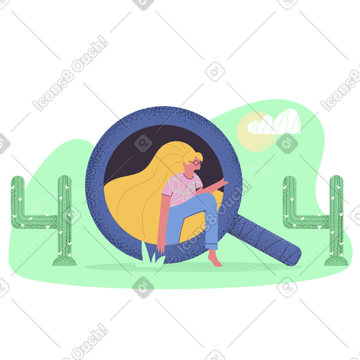 Sign 404 with magnifying glass and cactuses, Page not found error illustration in Pale style download in PNG, SVG