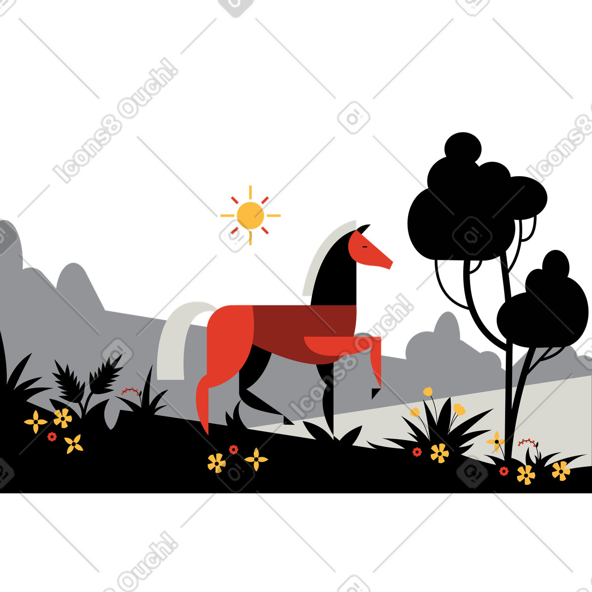 Ilustração de Cavalo andando no prado em estilo Burgundy para baixar em PNG, SVG