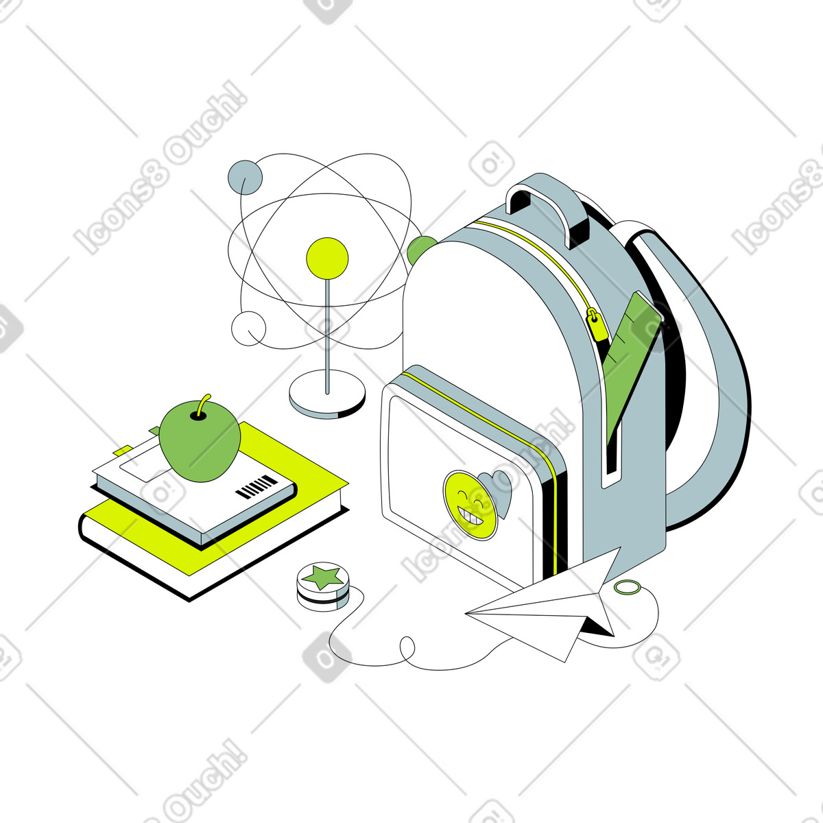 Ilustración Mochila y papelería para la vuelta al cole en estilo Isometric a descargar en PNG SVG