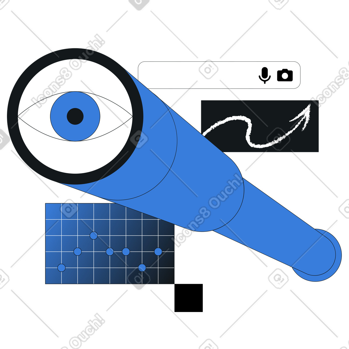 Spyglass with eye and search bar, online research and trend analysis illustration in Midnight style download in PNG, SVG