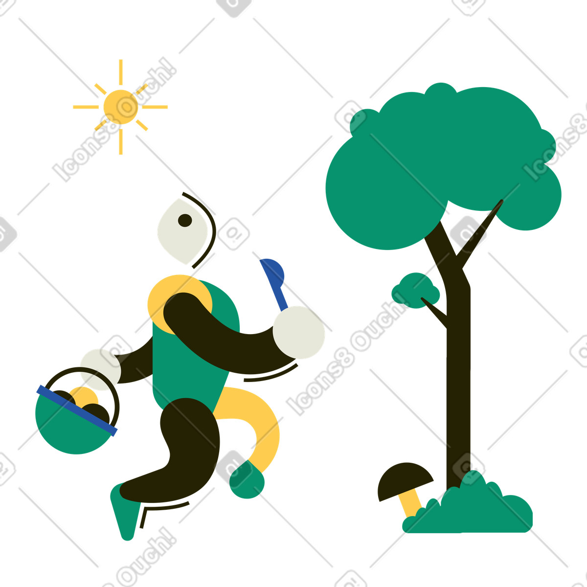 Ilustração de Pessoa indo caçar cogumelos na floresta em no estilo Spot para baixar em PNG, SVG