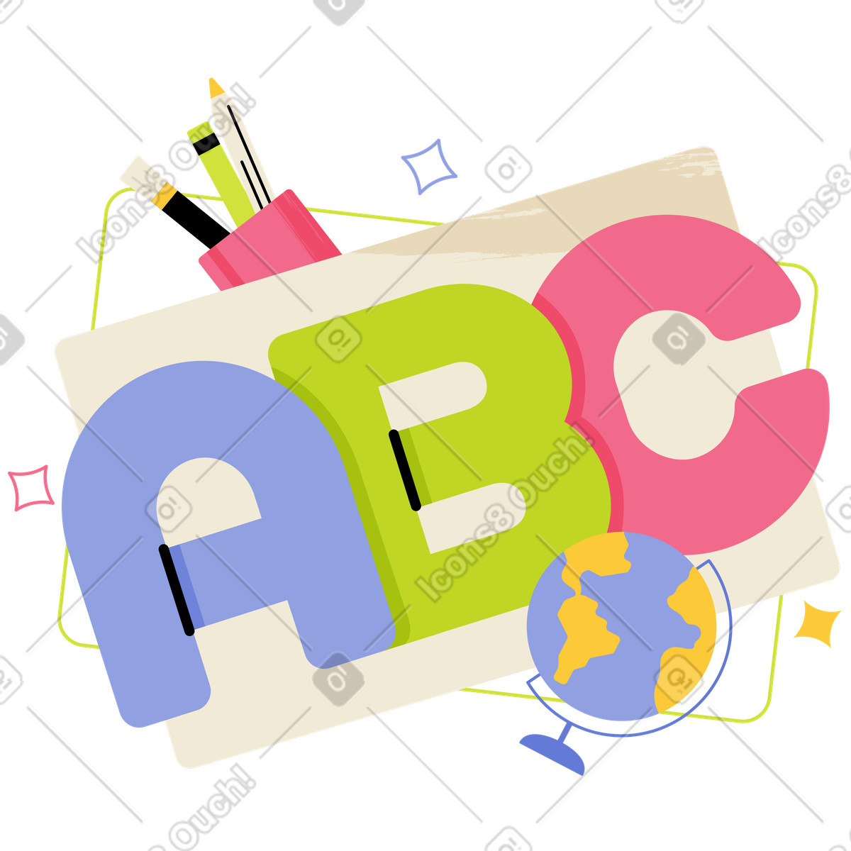 Colorful ABC letters with stationery and globe, Elementary school education illustrazione in stile Juicy scarica in PNG, SVG