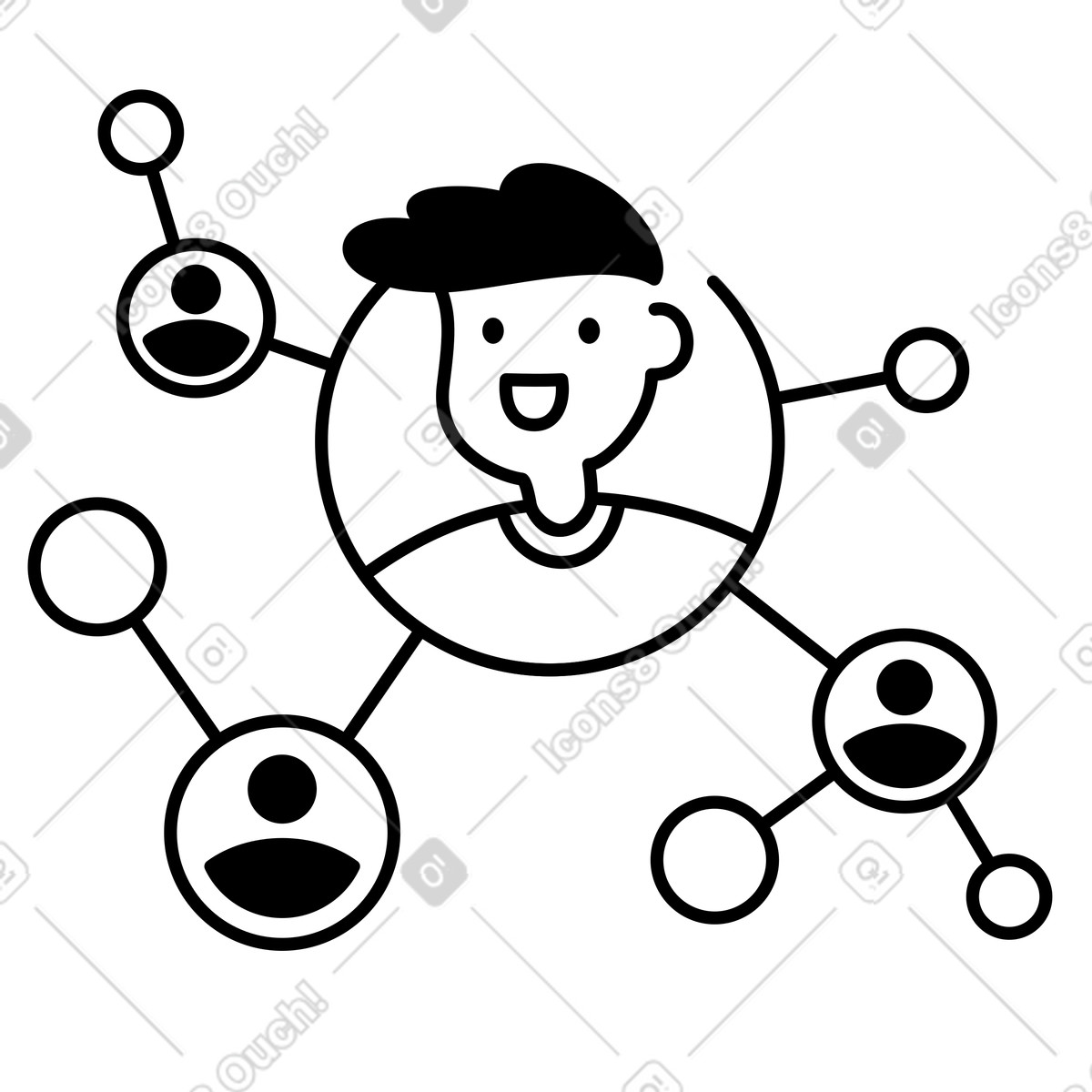 Ilustración Network connections around central user profile avatar and linked circles en estilo Notion Line Art a descargar en PNG y SVG