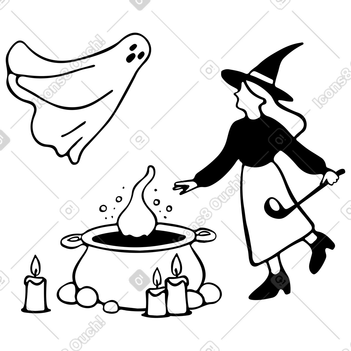 Illustration Halloween : fantôme et sorcière préparent une potion dans marmite le style Journal à télécharger aux formats PNG, SVG