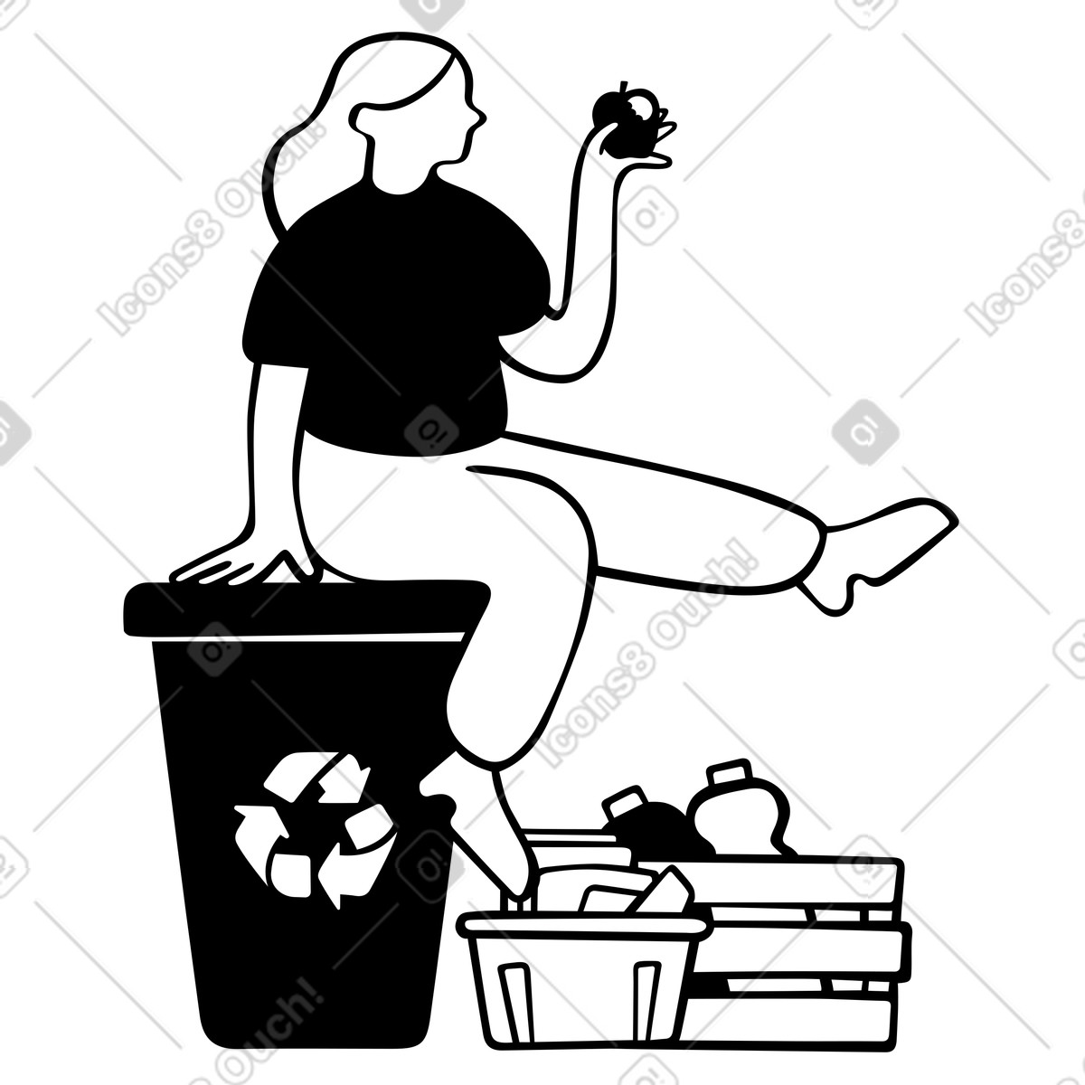 휴지통에 앉아서 사과를 먹는 여자 illustration in Journal style download in PNG, SVG