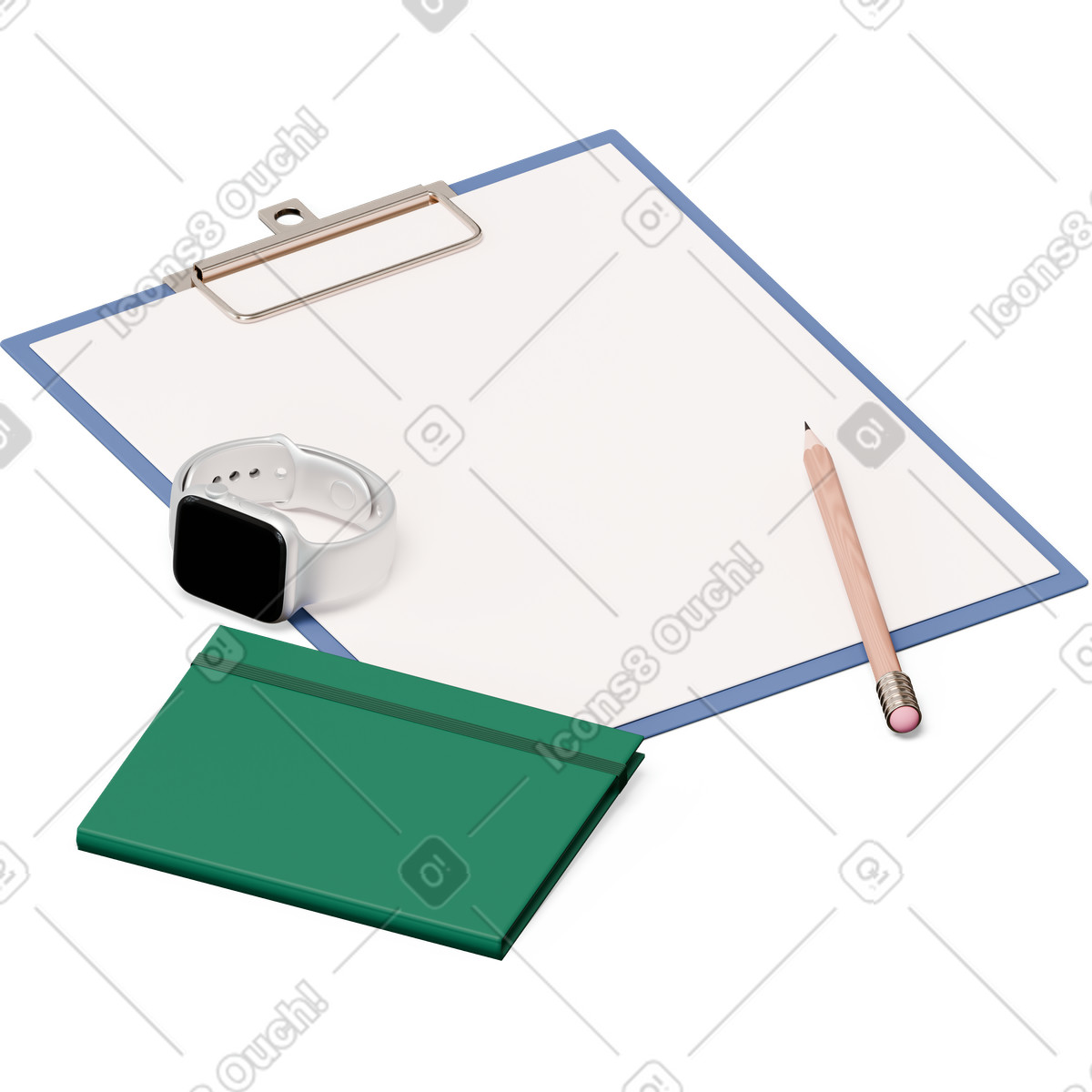 Illustration Vue isométrique du presse-papiers, de la montre intelligente, crayon dans le style 3D Hygge à télécharger aux formats PNG, SVG