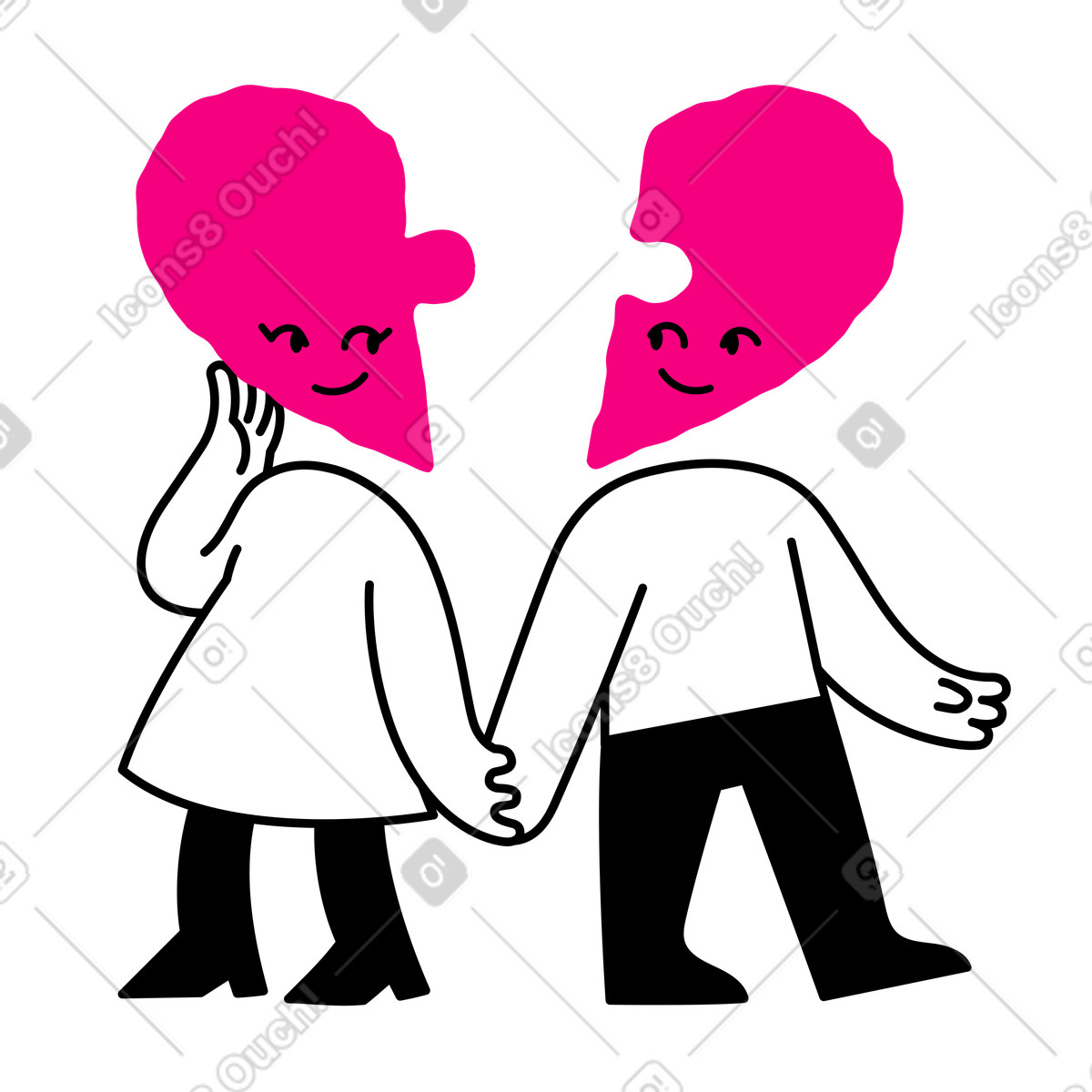Figuren mit köpfen, einem halben herzen, die händchen halten-Illustration im Giggle-Stil als Download in PNG, SVG