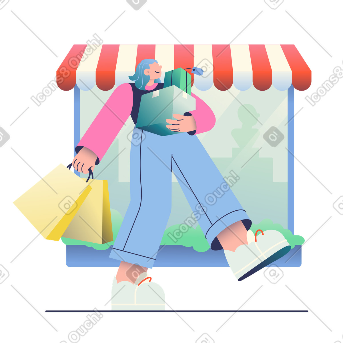 Donna che cammina con gli acquisti dopo lo shopping illustrazione in stile Beam scarica in PNG, SVG