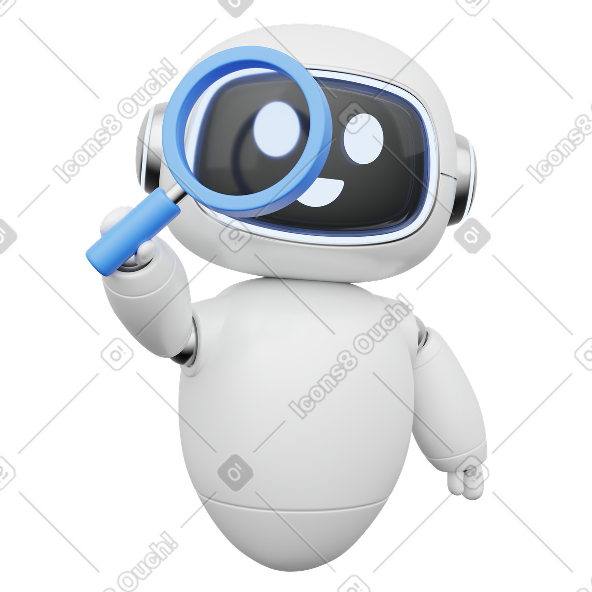 Smart analysis AI assistant looking through magnifying glass illustration in 3D Playful style download in PNG, SVG