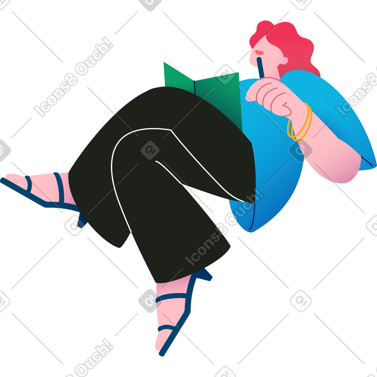 Ilustração de Mulher sentada com caderno no colo e lápis na mão em estilo Colors para baixar em PNG, SVG