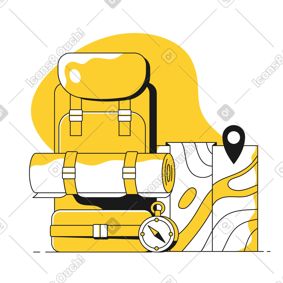 下载 Taxi 风格的 带背包和地图的远足装备 插画，支持 PNG、SVG 格式