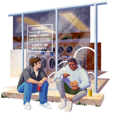 Two men sitting outside a laundry - Lush style illustration