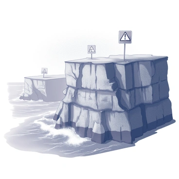 A dramatic scene of eroded cliffs positioned along the edge of the sea. The cliffs exhibit various layers of rock formations, showcasing their eroded texture with jagged edges and crumbling sections. At the top of the cliffs, several warning signs are visibly placed, indicating the potential dangers of climate impact. The signs feature clear symbols and bold text, alerting passersby to the risks associated with the eroding landscape. The waves of the sea crash against the base of the cliffs, adding to the intensity of the environment. The sky above is overcast, enhancing the somber mood of the scene.