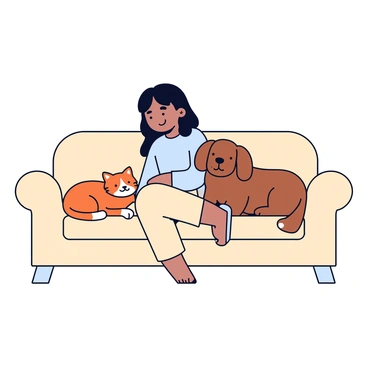 A character named "Makima" is sitting on a light beige couch. She has long, dark hair and is wearing a simple outfit, with a relaxed expression on her face. Beside her on the couch is a small, fluffy cat with orange fur, curled up comfortably. On the other side, there is a medium-sized, friendly dog with a smooth brown coat, also cuddled up next to her. The scene captures a cozy atmosphere, with the three of them sitting close together.