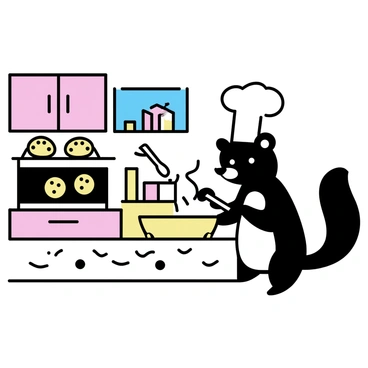 A skunk with black and white fur, wearing a tall white chef's hat, is standing on its hind legs at a wooden kitchen counter. The skunk is mixing cookie dough in a large bowl with a wooden spoon. The kitchen has colorful cupboards and various baking utensils displayed on the shelves. An oven is visible in the background, with a tray of cookies just taken out, steam rising from them. There are flour and chocolate chips scattered across the counter, adding to the playful atmosphere. The skunk appears focused and happy as it bakes.