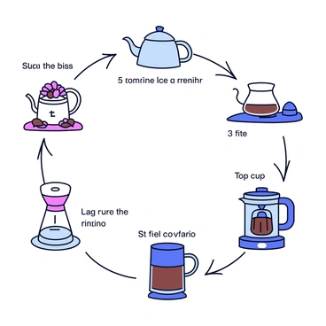An infographic diagram illustrating the steps of making a cup of coffee. The first step features an icon of coffee beans being measured. The second step shows an icon of boiling water in a kettle. The third step illustrates a coffee maker with ground coffee being added. The fourth step displays an icon of water being poured into the coffee maker. The fifth step includes an icon of a cup being filled with brewed coffee. Finally, the last step showcases an icon of a spoon stirring the coffee. Each step has a clear connecting arrow leading to the next, with concise labels next to each icon.