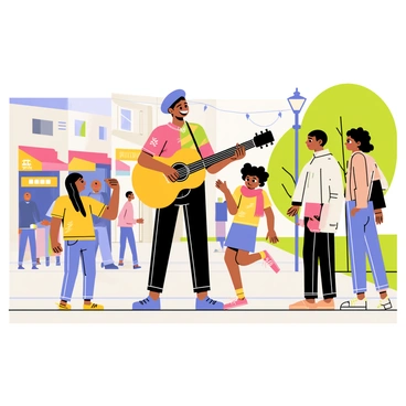 A street musician with a bright blue hat is playing an acoustic guitar on a bustling sidewalk. The musician has a joyful expression and is wearing a colorful shirt. Around him, a diverse crowd of passersby is stopping to listen. A woman with a red scarf is tapping her foot to the rhythm, while a child with curly hair is standing on tiptoes, peering at the musician. There are a few trees lining the sidewalk and colorful storefronts in the background, setting a lively urban scene.