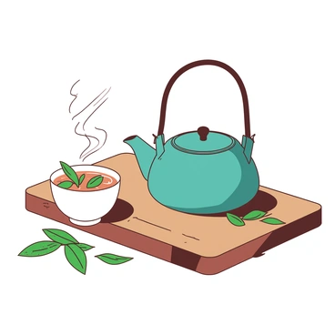 A teal teapot is placed next to a white cup filled with steaming herbal tea. The tea is made from fresh bee balm leaves, which are visible floating on the surface. The wooden table has a warm, natural finish, enhancing the cozy atmosphere. Soft steam rises from the cup, creating a sense of warmth. Surrounding the teapot and cup, there are scattered fresh green bee balm leaves, adding an organic touch to the scene.