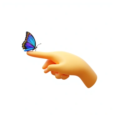 A hand with a delicate, extended finger gently pointing at a butterfly resting on it. The butterfly is vibrant and colorful, showcasing intricate patterns on its wings. The hand is slightly curved, with a natural skin tone, emphasizing the gentle interaction between the finger and the butterfly. The scene captures a moment of tranquility, with the butterfly poised gracefully atop the finger.