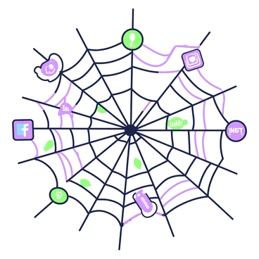 A spiderweb is intricately woven with various social media icons integrated into its strands. The web features recognizable icons such as "Facebook," "Twitter," "Instagram," and "LinkedIn" appearing at various points along the web's clarity. Each strand of the web connects to the icons, representing digital connections with fine lines. The background has a subtle texture that emphasizes the web's detail, making the entire composition visually engaging.