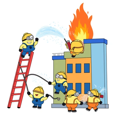 A group of cheerful yellow Minions, each with their individual goggles and overalls, are energetically battling a fire. They are using bright red fire hoses, spraying water towards a vibrant orange flame that is rising from a cartoon-style building. One Minion is balancing on a tall, colorful ladder, holding a hose with both hands, while another is at the base of the ladder, looking up with excitement. The scene is filled with playful chaos, as a few Minions are running around, wearing tiny firefighter hats and spraying water in various directions. The background features a clear blue sky, adding to the lively atmosphere of the scene.