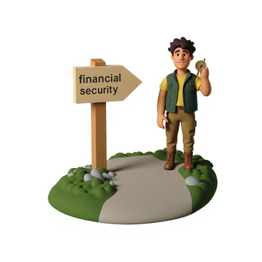 An explorer with rugged features and short, tousled hair is dressed in a practical green vest and khaki pants. He holds an antique brass compass in one hand, which he is looking at intently. The compass needle is clearly visible, pointing decisively towards a well-defined path that is marked with a signpost. The signpost has the words "financial security" written in bold, clear letters. The surrounding environment includes lush greenery and a few scattered rocks, indicating the terrain of a forested area. The explorer stands confidently on the path, ready to embark on his journey towards financial success.