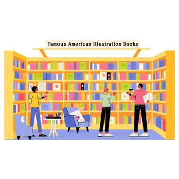 An open library exhibit featuring tall wooden bookshelves filled with colorful illustration books. The exhibit includes a large banner at the top that reads "Famous American Illustration Books" in bold letters. Each book displayed has large, vibrant images on the covers, showcasing various styles of illustration. Visitors are seen admiring the books and pointing at the illustrations, while soft lighting highlights the artwork on the pages. A cozy reading area with plush chairs and small tables is positioned nearby, inviting guests to sit and explore the books.