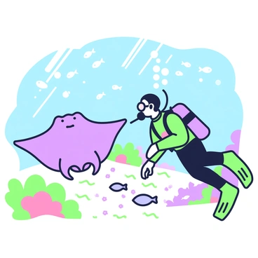 A scuba diver is underwater, observing a manta ray up close. The diver is wearing a full wetsuit, mask, and fins, with a tank on their back. The manta ray glides gracefully nearby, its wings spread out wide. Sunlight filters through the water, creating shimmering patterns on the sandy ocean floor below. Colorful coral reefs can be seen in the background, teeming with small fish swimming around. Bubbles rise from the diver’s regulator, creating a trail in the clear water.