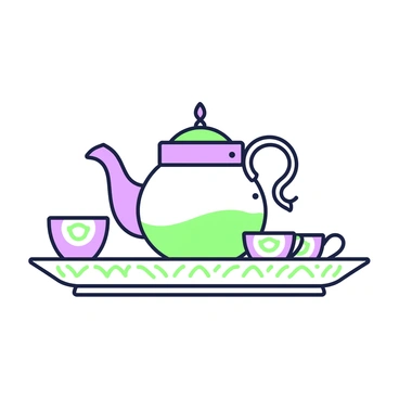 A traditional Arabic coffee set is arranged on a decorative tray. In the center, there is a polished dallah pot, characterized by its elegant curved spout and distinctive handle. Surrounding the pot, there are several small cups, each with intricate designs. The cups are placed neatly beside the pot, reflecting the cultural significance of the coffee ritual. The tray itself is subtly decorated, adding to the overall presentation of the coffee set.