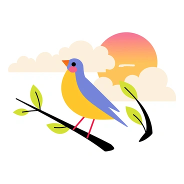 A colorful songbird with a bright yellow belly and a blue head is perched on a slender tree branch. The branch is adorned with green leaves that gently sway in the morning breeze. In the background, the sun is rising, casting warm orange and pink hues across the sky, creating a beautiful gradient. The scene is filled with soft, fluffy clouds that reflect the sunlight, enhancing the tranquil morning atmosphere.