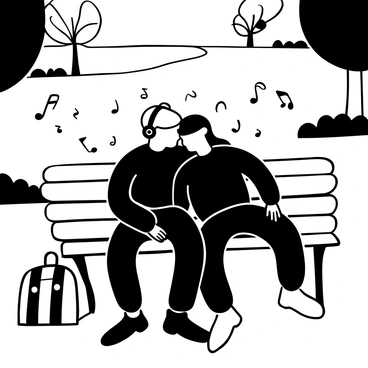 Two emo friends with dark clothing and colorful hair sitting close together on a park bench. They are sharing a pair of headphones, with one friend leaning slightly towards the other. The surrounding park is filled with trees and a pathway in the background. Music notes are illustrated around them, suggesting their enjoyment of the music. A backpack is resting on the ground next to them.