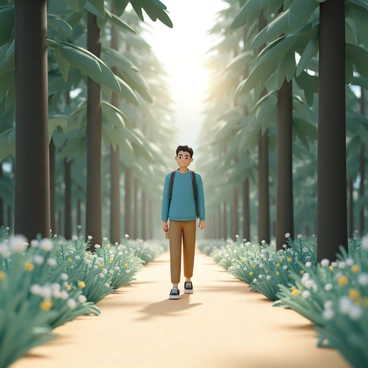 A person, wearing a blue sweater and brown hiking pants, is walking along a narrow path leading into a dense forest. The sun filters through the leaves, casting dappled light on the ground. Tall trees surround the path, with vibrant green ferns and small wildflowers lining the edges. The person carries a small backpack, and a serene expression is on their face as they head deeper into the woods.