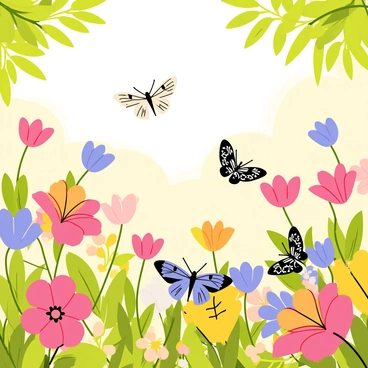 A garden filled with colorful flowers in full bloom. Several butterflies with wings patterned like "sheet music" are fluttering delicately among the blossoms. The butterflies have intricate black and white notes and clefs on their wings, contrasting against their vibrant backgrounds. A gentle breeze moves through the garden, causing the flowers to sway slightly and adding to the lively atmosphere. Sunlight filters through the leaves, creating dappled light on the ground.