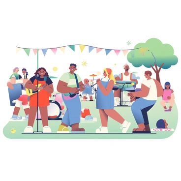 A band consisting of four musicians is performing in a park. The lead singer, a woman with curly brown hair, is holding a microphone and wearing a bright red dress. To her left, a man with short, dark hair is playing an electric guitar, wearing a black t-shirt and jeans. To her right, a woman with long blonde hair is playing the keyboard, dressed in a sleeveless blue top and a denim skirt. The drummer, a man with a goatee, is seated at a drum set in the back, wearing a white tank top. 

Surrounding the band is a diverse audience of adults and children. Some people are standing and dancing, while others are sitting on picnic blankets scattered across the grass. A few children are playing with a frisbee nearby. In the background, there are trees providing shade, and colorful banners are hanging between the branches, fluttering in the gentle breeze. The atmosphere is filled with joy and excitement as the crowd enjoys the live music.