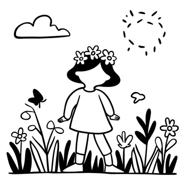 A young girl wearing a crown made of "daisies" stands in a field filled with various "wildflowers." She wears a simple dress with puffy sleeves. The background shows tall grass swaying gently, and a few butterflies fluttering around her. The sun is high, casting soft shadows on the ground, and there are "clouds" drifting in the sky above.
