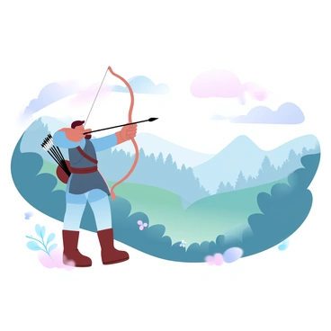 An archer taking aim as the first light of dawn breaks over a misty valley