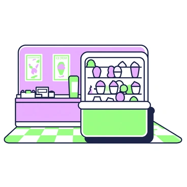 A retro ice cream parlor has a glass display case filled with scoops of ice cream. The glass is slightly reflective, showcasing the multiple layers of ice cream in various shapes and sizes. Each scoop is sitting in its own section, with a unique texture and appearance. The interior of the parlor features a checkerboard floor pattern and pastel-colored walls. On the side, there are vintage posters advertising ice cream flavors, and a counter with a cash register can be seen in front of the display case. The overall atmosphere reflects a nostalgic charm.