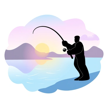 An angler is standing on the shore, holding a fishing rod with both hands. The silhouette of the angler is distinct against a vibrant sunset that fills the sky with a gradient of pastel colors. The lake reflects the hues of the sunset, creating a shimmering effect on the water's surface. Soft waves can be seen gently lapping at the shore, adding to the serene atmosphere of the scene.