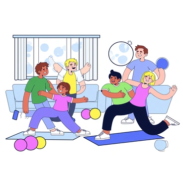 A family is exercising together in a bright and open living room. The parents are encouraging their two children, who are imitating the Russian twist exercise. One child has short brown hair and is wearing a green t-shirt, while the other child has long blonde hair and is dressed in a pink tank top. The parents are smiling and demonstrating the exercise with proper form. There are exercise mats spread on the floor, and a few colorful fitness balls are scattered around the room. Sunlight is streaming through the window, illuminating the scene.