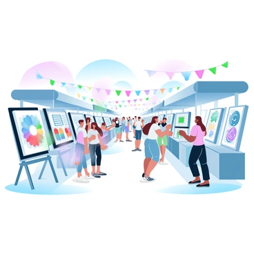 A vibrant marketplace is bustling with activity. Stalls are lined up, showcasing a variety of AI-generated art pieces displayed on easels and stands. Each stall features unique crafts, including colorful handcrafted items and intricate designs. The atmosphere is filled with people browsing and admiring the creations. Brightly colored banners hang above the stalls, adding to the lively ambiance of the scene. Sunlight filters through, highlighting the vivid colors of the art and crafts on display.