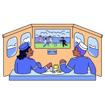 A group of three sailors sitting on a bench inside the cabin of a ship. They are watching a flat-screen TV mounted on the wall, showing a sports event. The sailors are wearing blue uniforms and are engaged in the game. The interior of the cabin has a wooden finish, with portholes showing the ocean waves outside. A small table in front of them holds snacks and drinks.